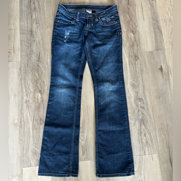 Harley-Davidson Women's y2k Dark Blue Boot Cut Low Waisted Jeans - Picture 4 of 6
